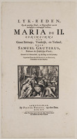 KG 06504
<br/>
Titelblad lijkrede op dood Maria Stuart, 1695
<br/>
<em>Hooghe, Romeyn de (1645-1708)</em>